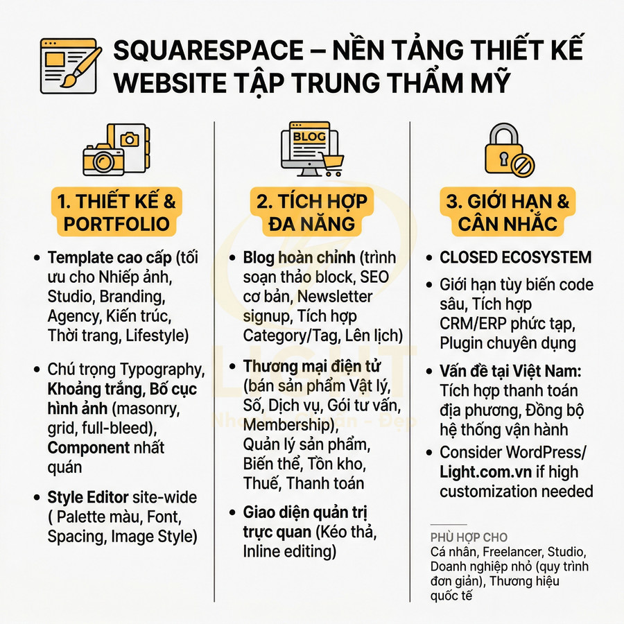 Tổng quan Squarespace nền tảng thiết kế website tập trung thẩm mỹ, tính năng thiết kế, blog, thương mại điện tử và hạn chế cần lưu ý