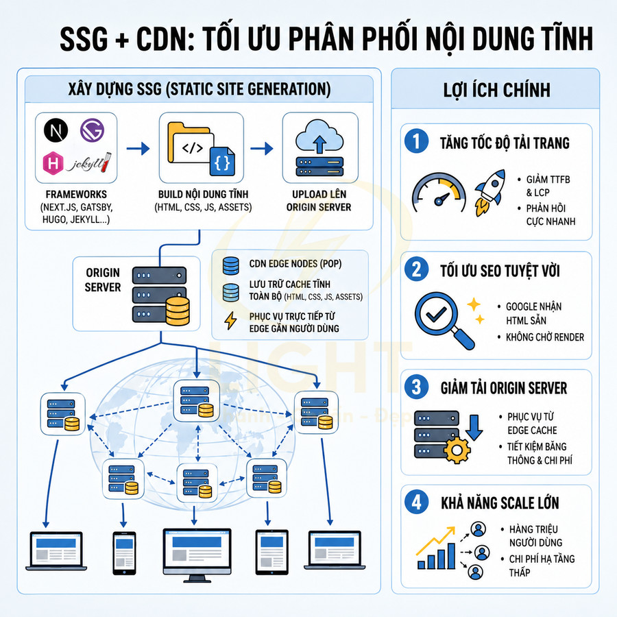 Infographic quy trình SSG kết hợp CDN và lợi ích tối ưu phân phối nội dung tĩnh cho website