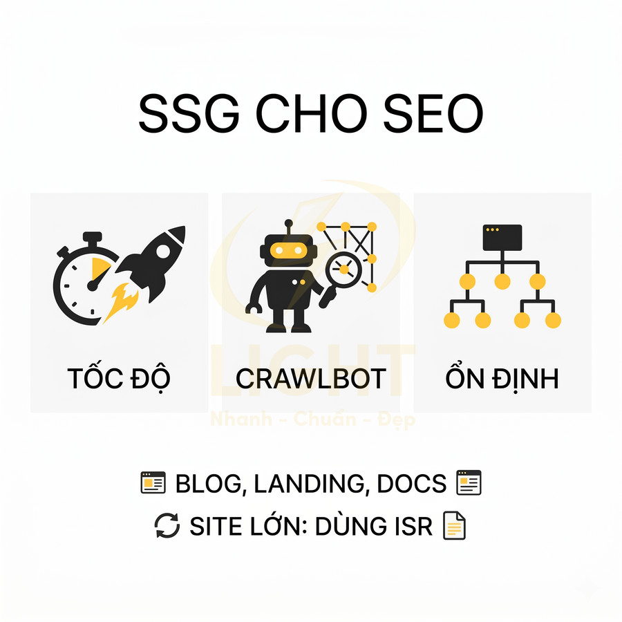 Minh họa lợi ích SSG cho SEO với tốc độ tải nhanh, thân thiện crawlbot và cấu trúc website ổn định