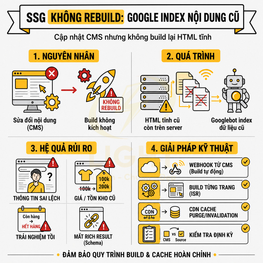 Infographic SSG không rebuild khiến Google index nội dung cũ và giải pháp kỹ thuật tối ưu quy trình build cache