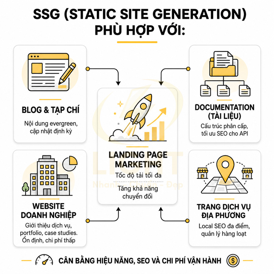 Infographic SSG Static Site Generation phù hợp cho blog, landing page, website doanh nghiệp, tài liệu và trang dịch vụ địa phương