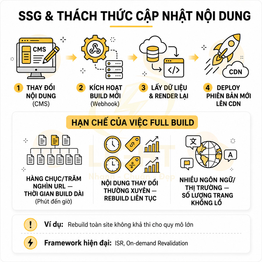 Infographic quy trình SSG cập nhật nội dung và hạn chế full build cho website nhiều URL, đa ngôn ngữ, nội dung thay đổi liên tục