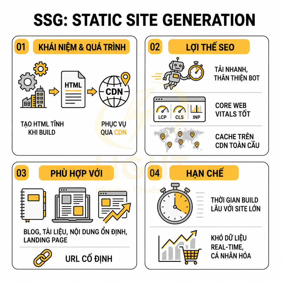 Tổng quan Static Site Generation SSG, quy trình, lợi thế SEO, trường hợp phù hợp và hạn chế khi dùng SSG
