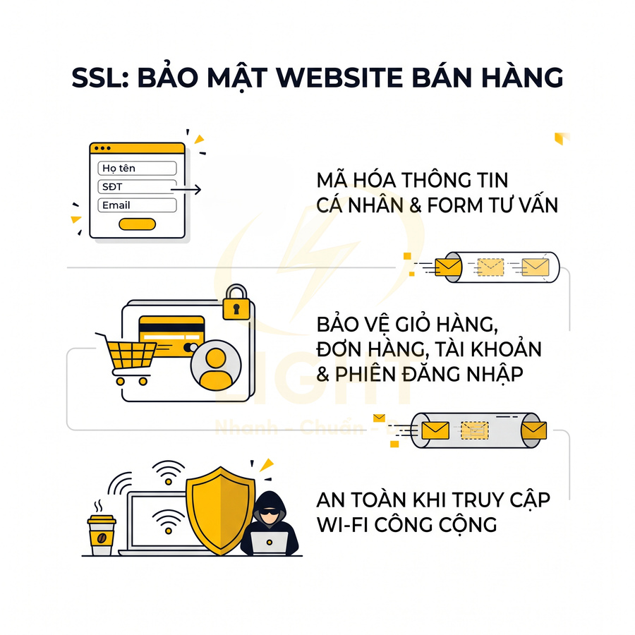 Infographic lợi ích SSL cho website bán hàng mã hóa dữ liệu bảo vệ giỏ hàng tài khoản và truy cập wifi công cộng