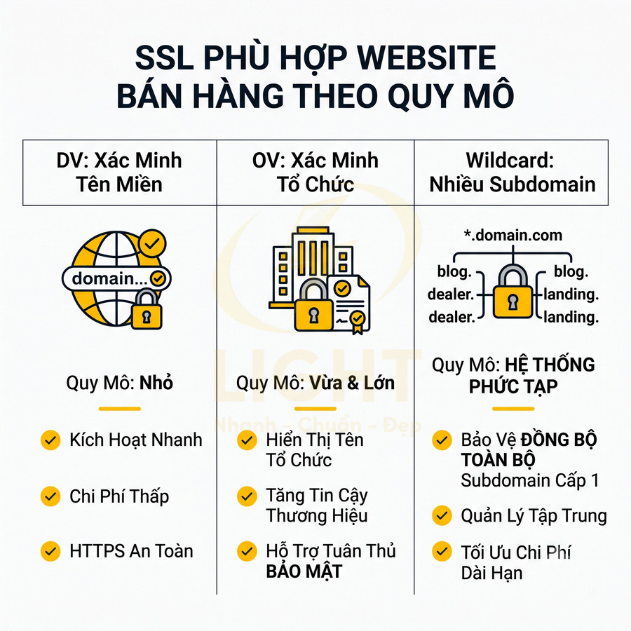 So sánh các loại chứng chỉ SSL DV OV Wildcard phù hợp cho website bán hàng theo từng quy mô