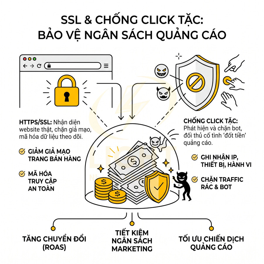 Infographic SSL và chống click tặc giúp bảo vệ ngân sách quảng cáo, tăng chuyển đổi và tối ưu chiến dịch marketing