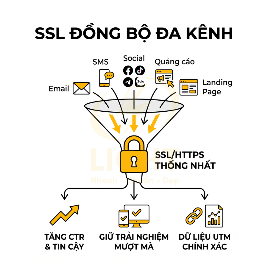 Minh họa SSL đồng bộ đa kênh giúp hợp nhất email SMS mạng xã hội quảng cáo landing page và tối ưu trải nghiệm người dùng