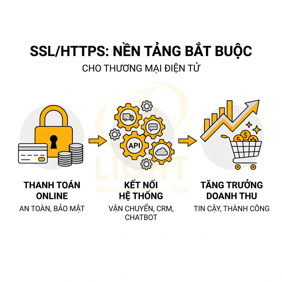 Minh họa lợi ích SSL HTTPS cho thương mại điện tử gồm thanh toán online, kết nối hệ thống và tăng trưởng doanh thu