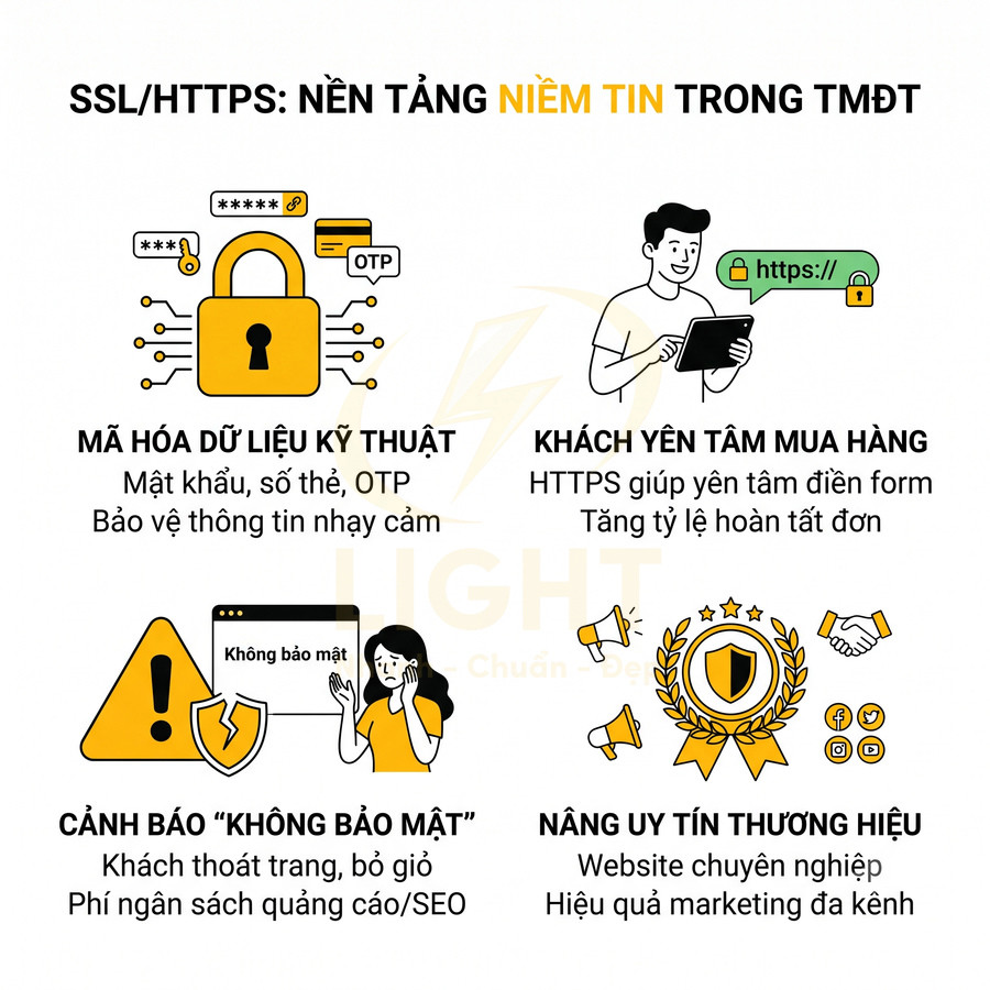 Infographic lợi ích SSL HTTPS cho website thương mại điện tử về bảo mật, tăng uy tín và tỷ lệ chuyển đổi