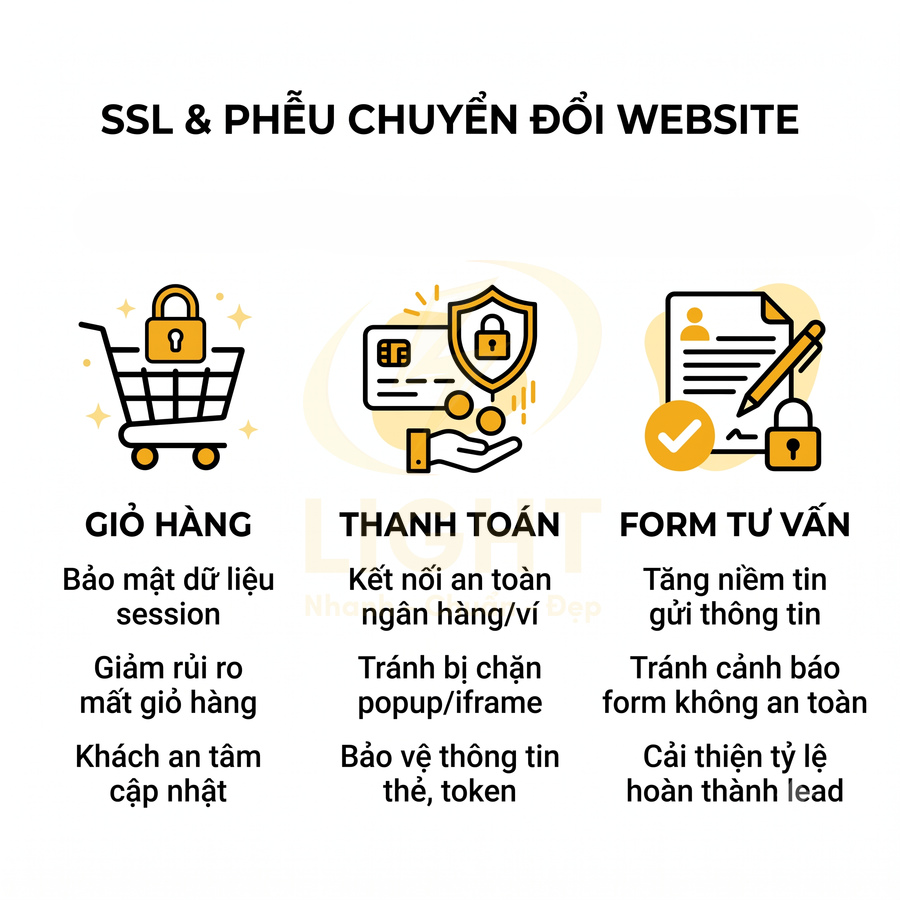 Minh họa lợi ích SSL cho website với giỏ hàng, thanh toán và form tư vấn an toàn, tăng bảo mật và tỷ lệ chuyển đổi