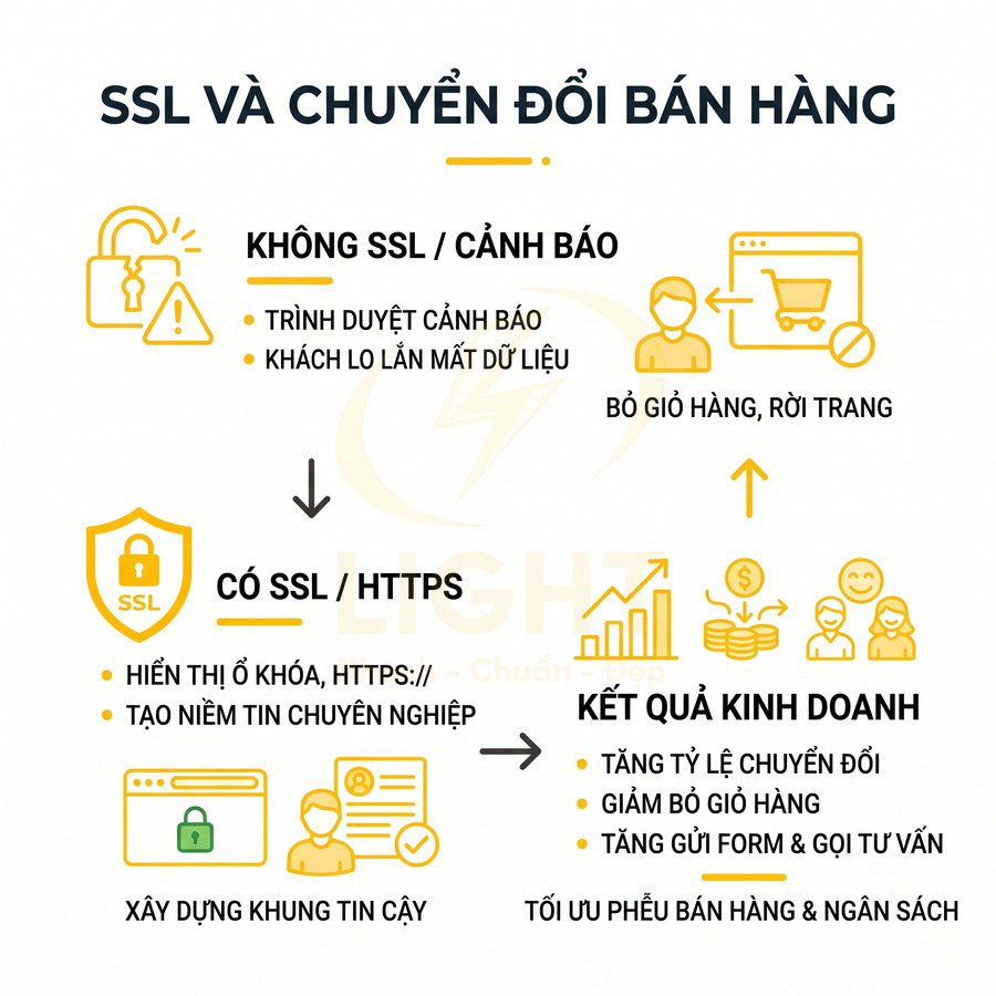 Mô tả lợi ích chứng chỉ SSL HTTPS trong tăng chuyển đổi bán hàng và giảm bỏ giỏ hàng trên website