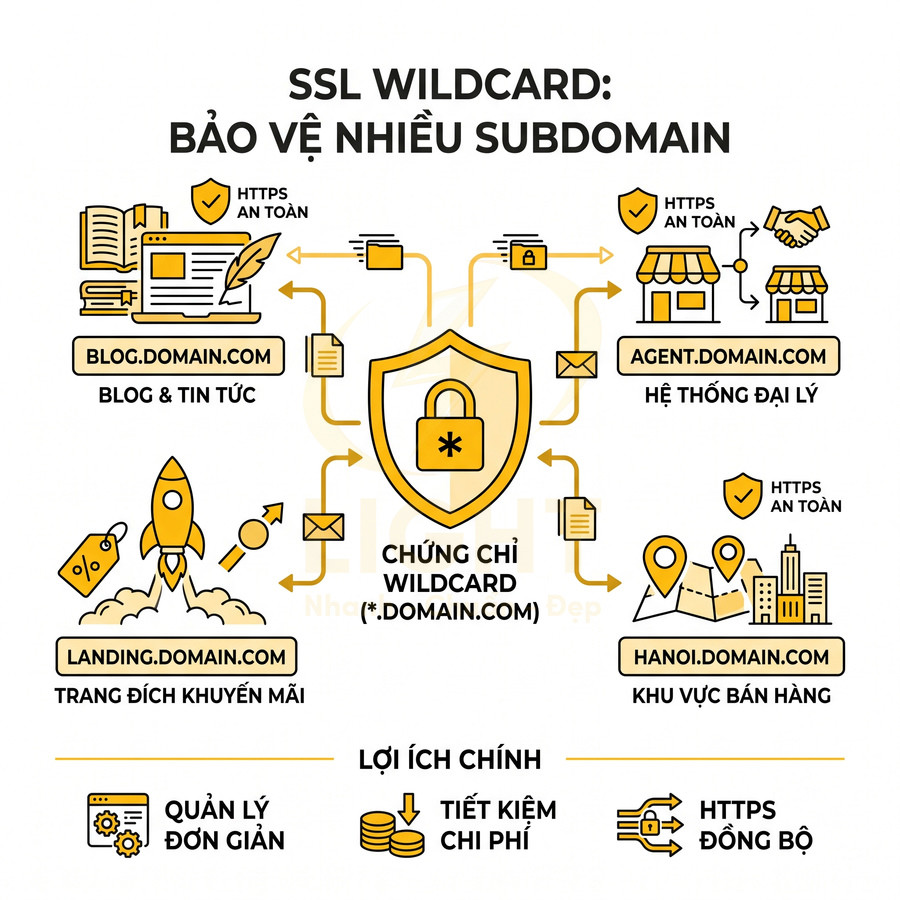 Mô tả chứng chỉ SSL Wildcard bảo vệ nhiều subdomain và lợi ích quản lý đơn giản tiết kiệm chi phí