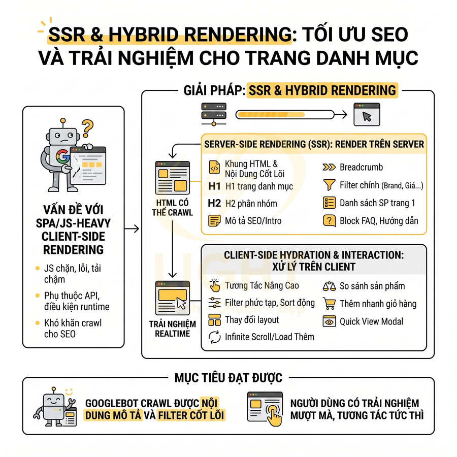 Sơ đồ giải pháp SSR và hybrid rendering tối ưu SEO và trải nghiệm người dùng cho trang danh mục website