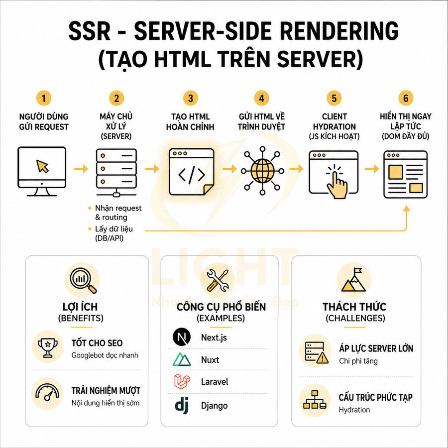 Mô tả quy trình SSR server side rendering, lợi ích SEO, công cụ như Next.js Nuxt Laravel Django và các thách thức