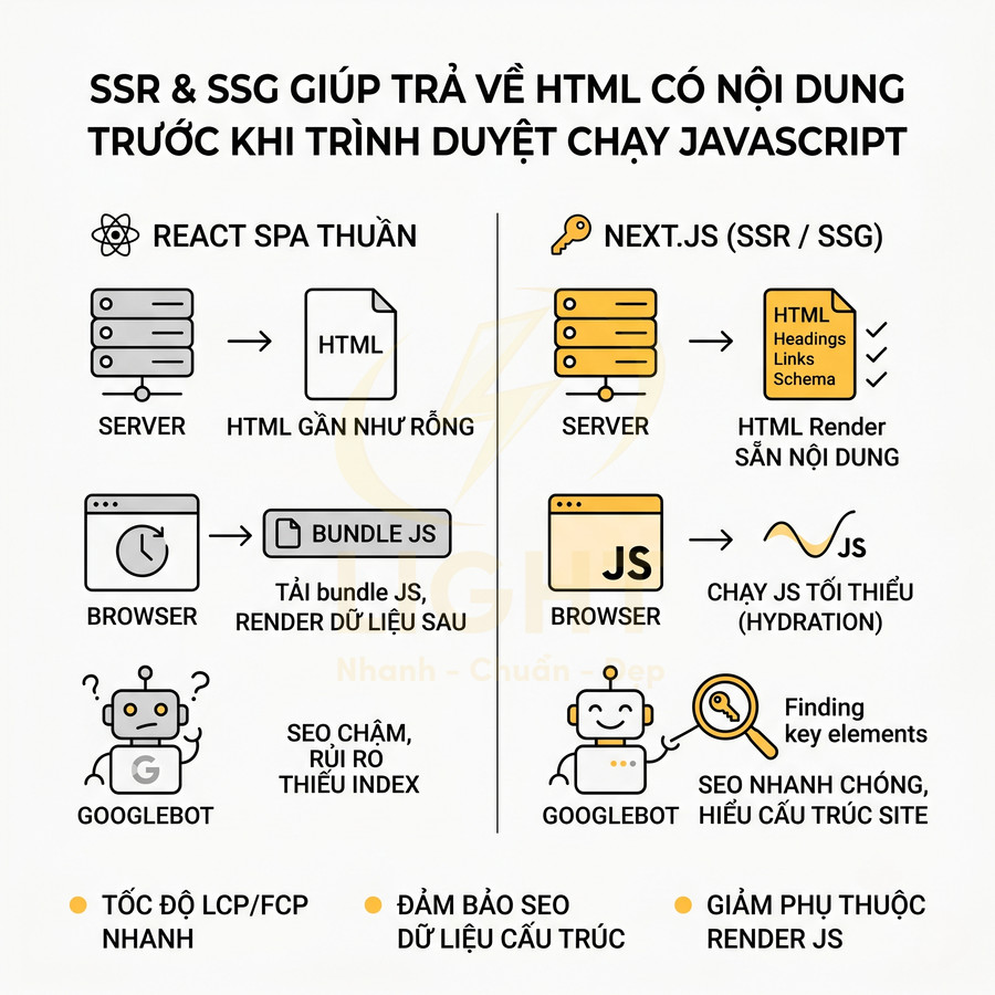 So sánh quy trình render React SPA thuần và Next.js SSR SSG, nhấn mạnh lợi ích SEO và tốc độ tải trang