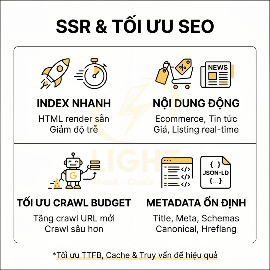 Infographic lợi ích SSR cho SEO gồm index nhanh, nội dung động, tối ưu crawl budget và metadata ổn định