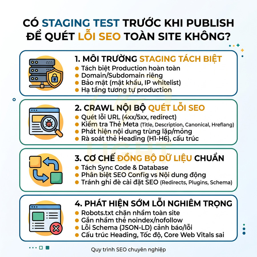 Checklist staging test trước khi publish để quét và phát hiện lỗi SEO toàn site, tối ưu quy trình SEO chuyên nghiệp