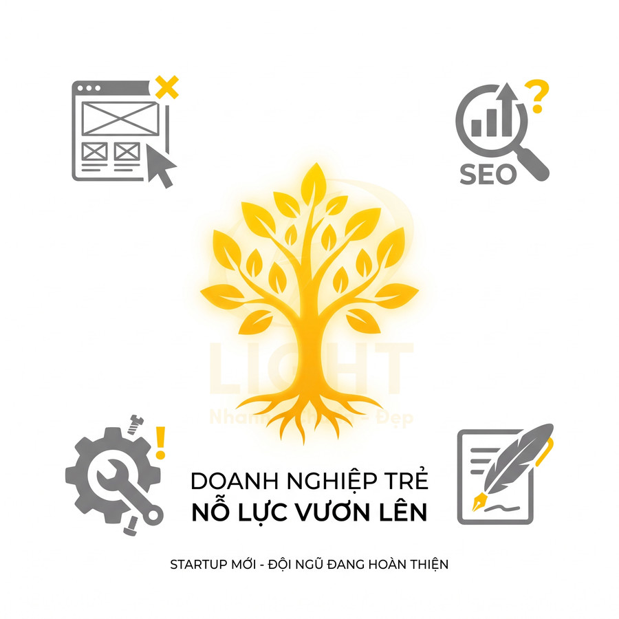 Hình minh họa doanh nghiệp trẻ nỗ lực vươn lên với cây vàng và các biểu tượng SEO, thiết kế web, cài đặt, viết nội dung