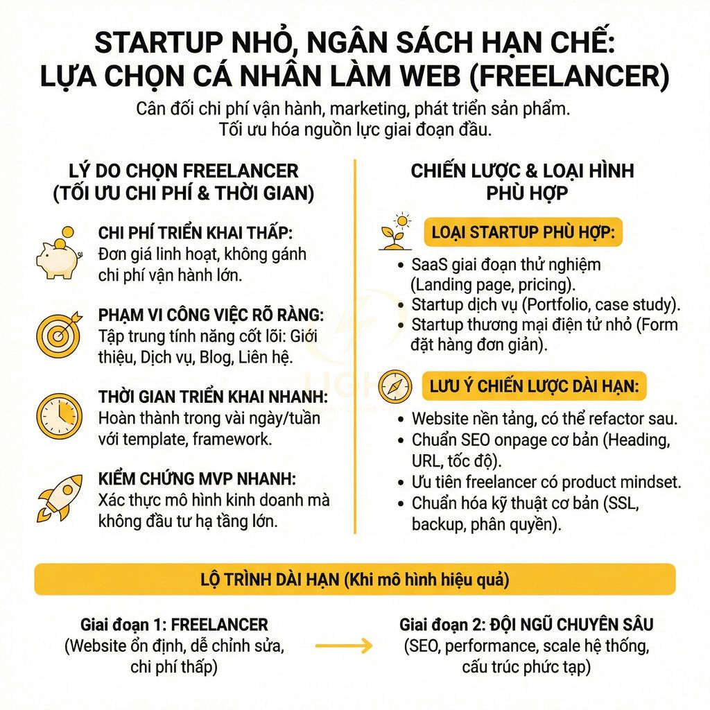Infographic hướng dẫn startup nhỏ ngân sách hạn chế chọn freelancer làm web và chiến lược phát triển dài hạn