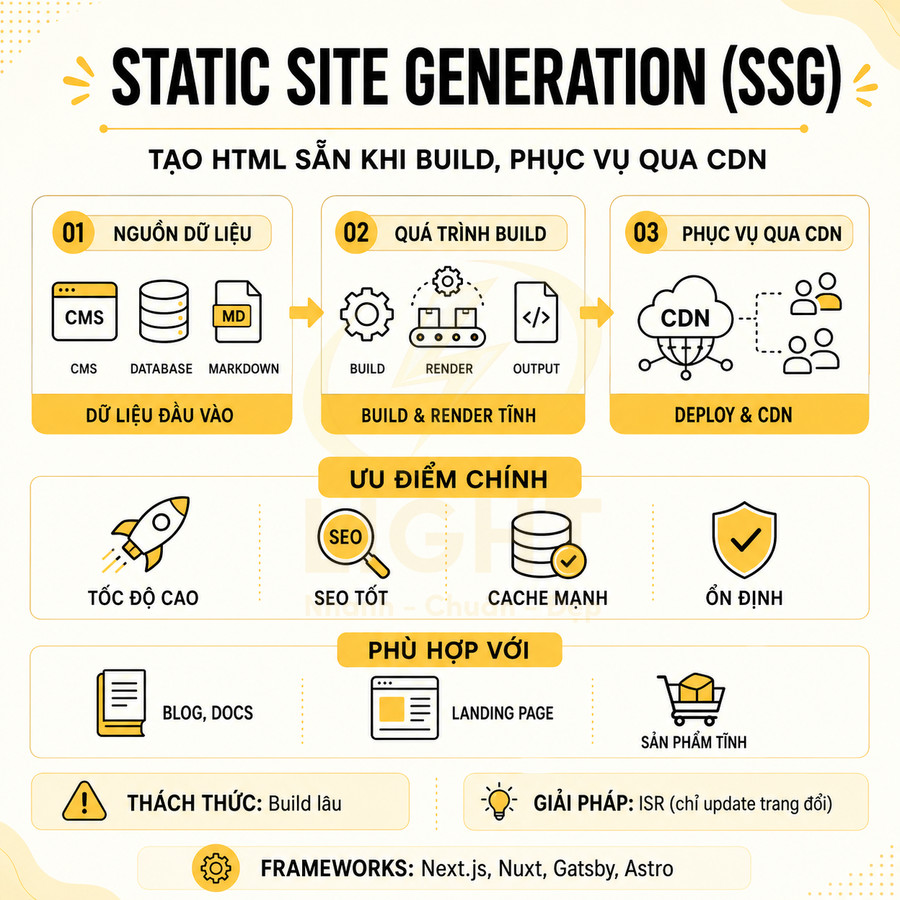Infographic quy trình Static Site Generation SSG, ưu điểm tốc độ cao, SEO tốt, cache mạnh, phù hợp blog và landing page