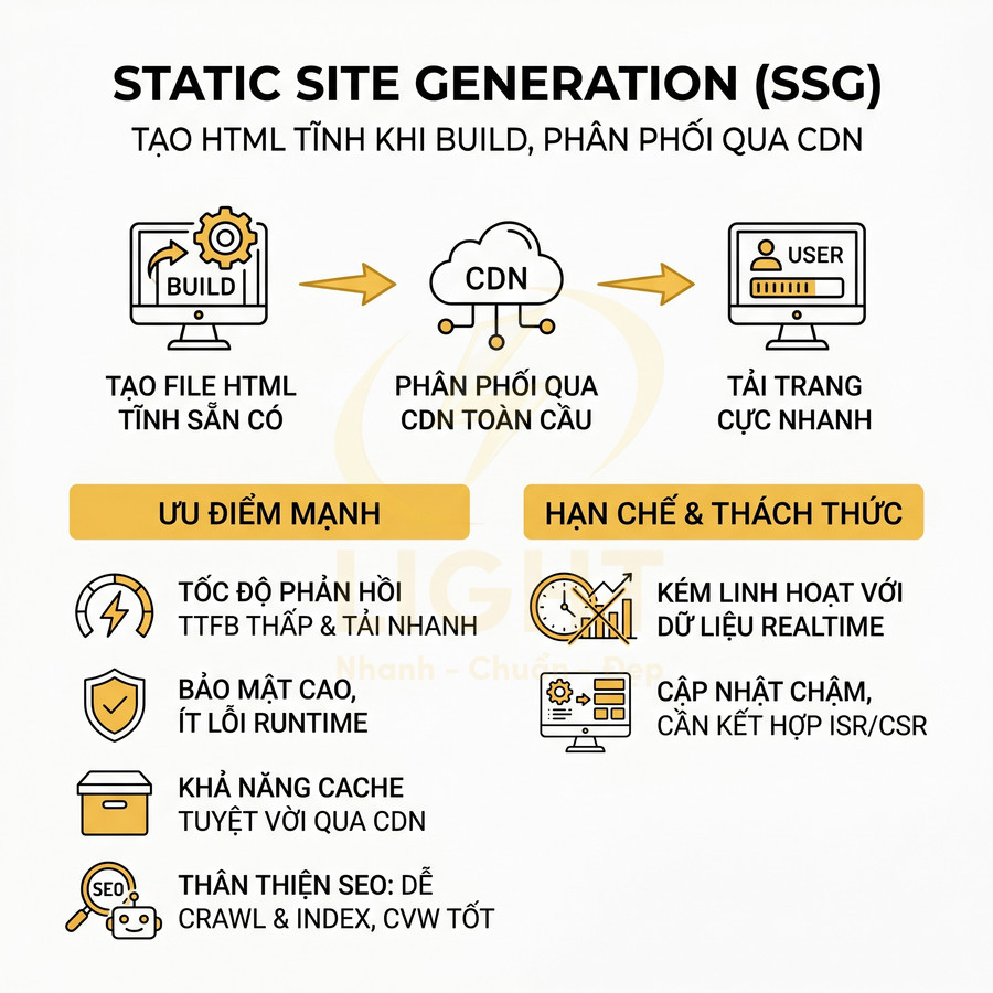 Mô hình Static Site Generation SSG giải thích quy trình build HTML tĩnh, ưu điểm và hạn chế khi phân phối qua CDN