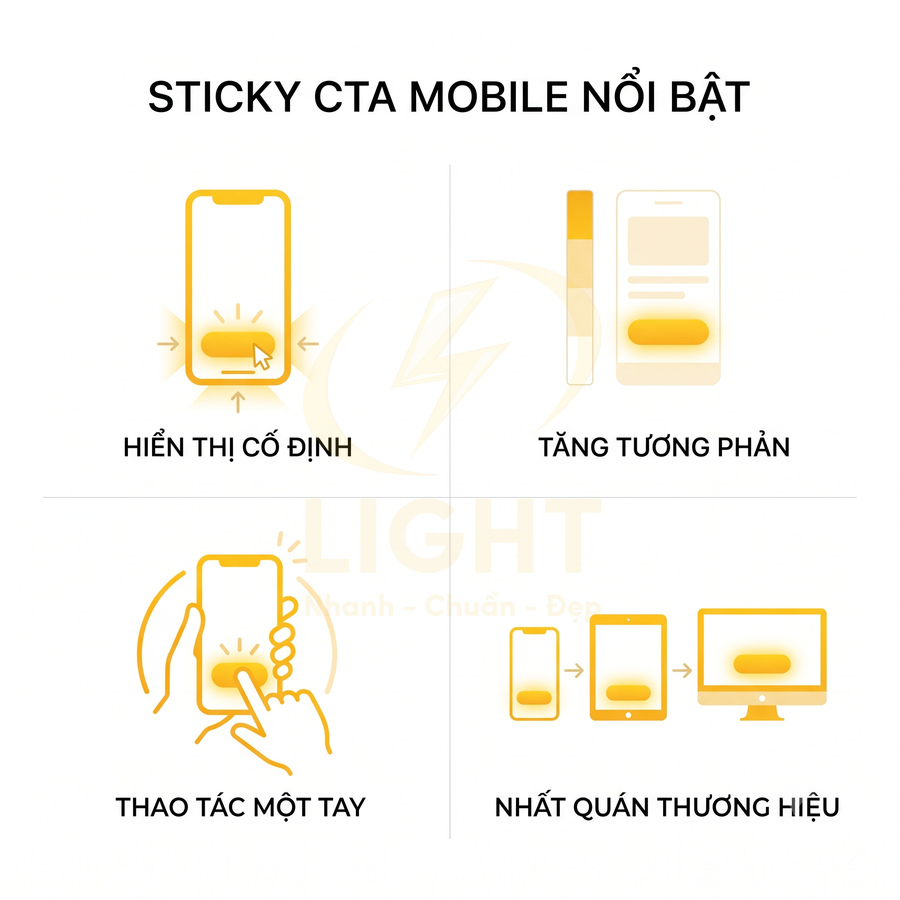 Minh họa lợi ích nút kêu gọi hành động sticky trên mobile hiển thị cố định, tăng tương phản, thao tác một tay, nhất quán thương hiệu