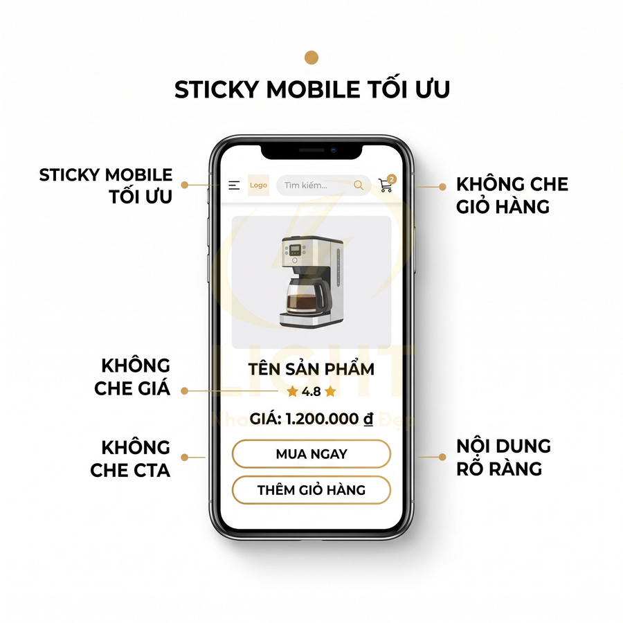 Giao diện mua sắm trên điện thoại hiển thị sản phẩm máy pha cà phê với giá và nút mua ngay rõ ràng