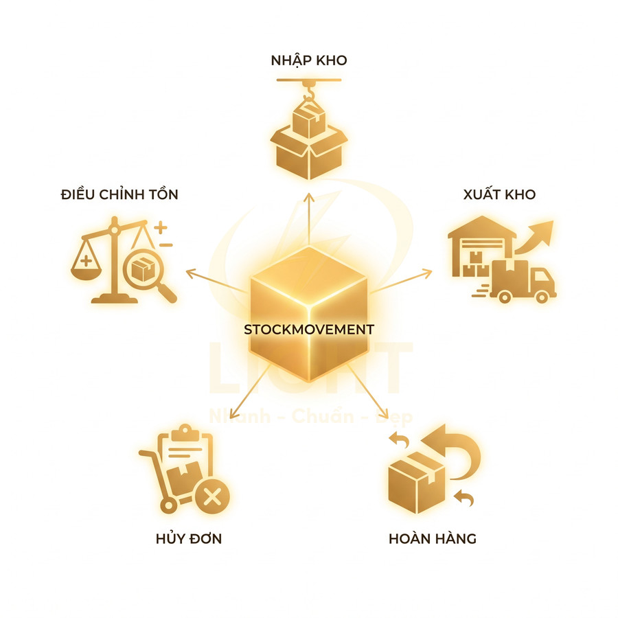 Mô hình quy trình stock movement với các bước nhập kho, xuất kho, điều chỉnh tồn, hủy đơn và hoàn hàng