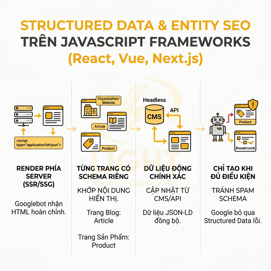 Hướng dẫn triển khai structured data và entity SEO trên JavaScript frameworks như React, Vue, Next.js