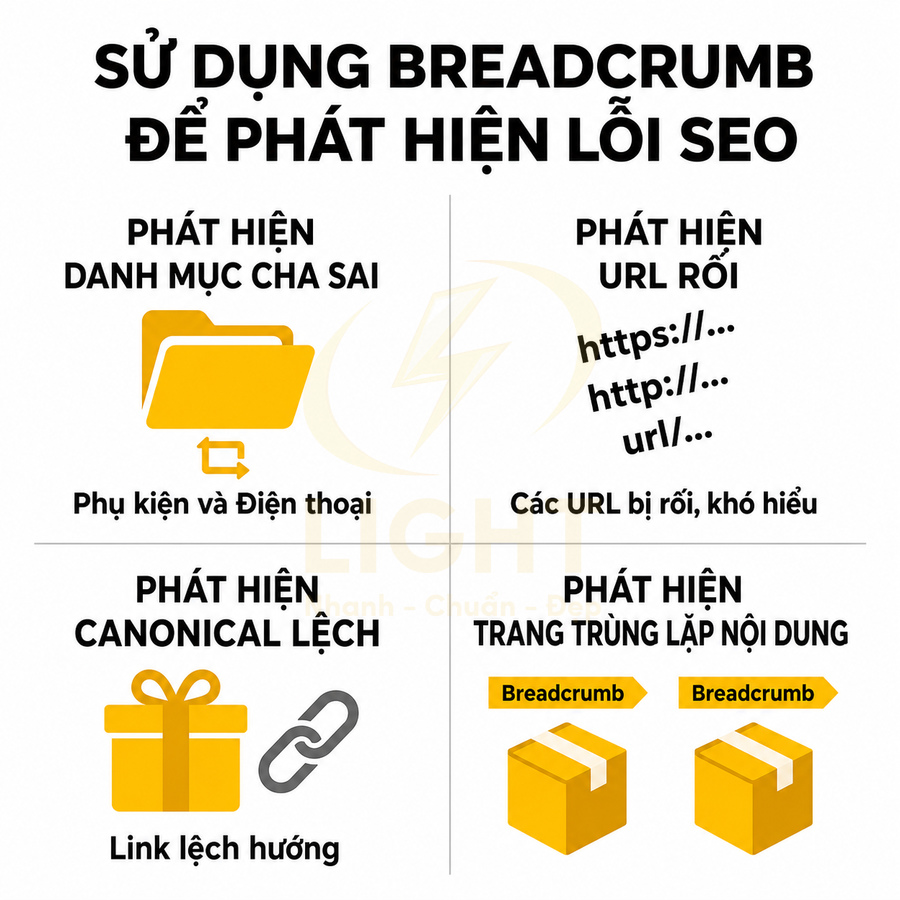 Hướng dẫn sử dụng breadcrumb để phát hiện lỗi SEO như danh mục cha sai, URL rối, canonical lệch và trang trùng lặp nội dung