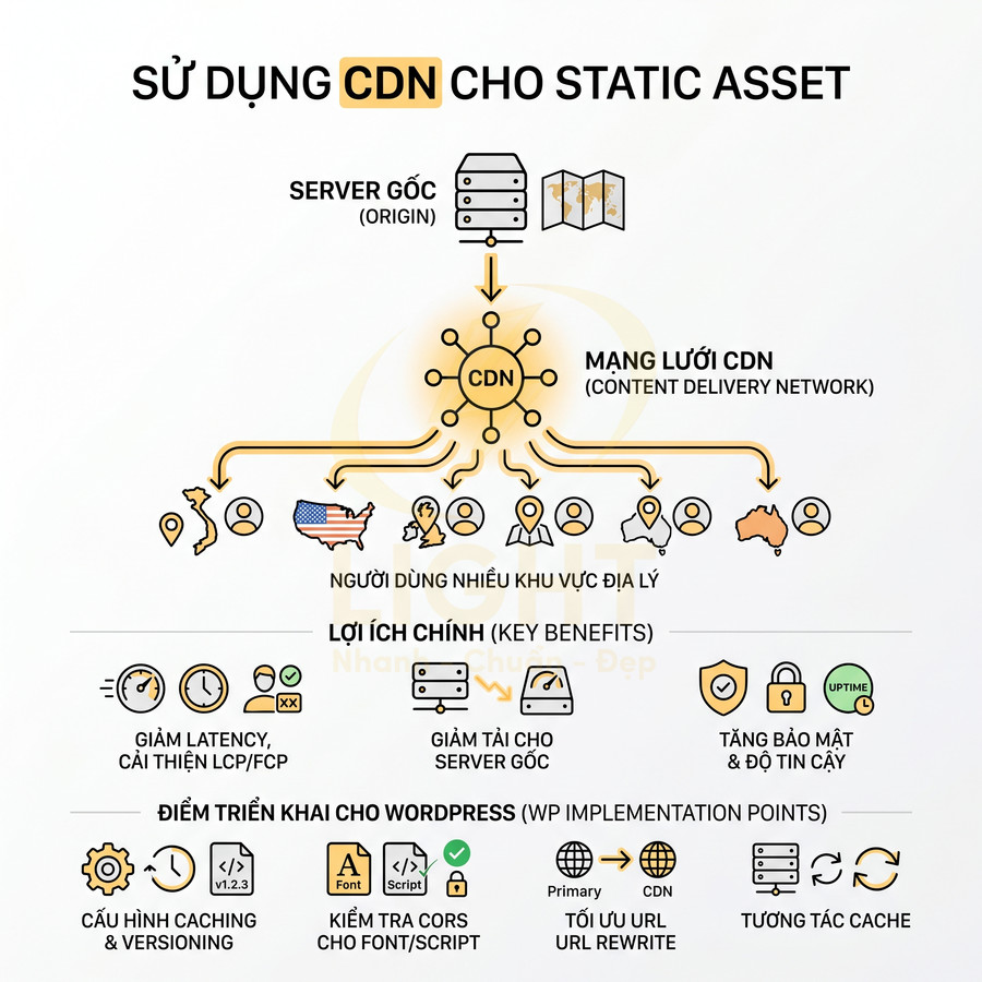 Sơ đồ sử dụng CDN cho static asset, mô tả lợi ích và cách triển khai CDN trên website WordPress