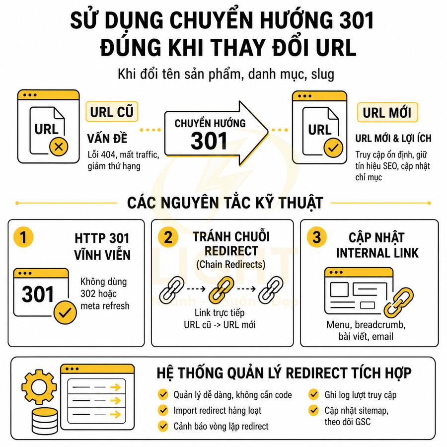 Infographic hướng dẫn sử dụng chuyển hướng 301 đúng cách khi thay đổi URL để giữ traffic và tối ưu SEO