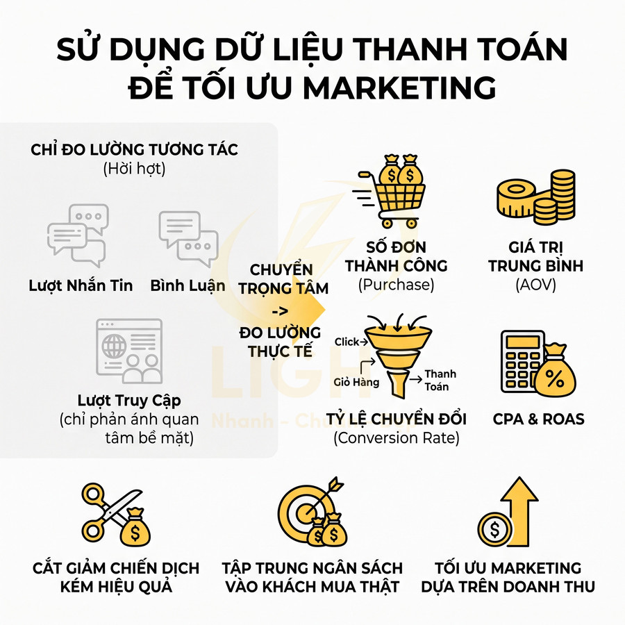 Infographic sử dụng dữ liệu thanh toán để tối ưu marketing, đo lường chuyển đổi, CPA, ROAS và tối ưu ngân sách quảng cáo