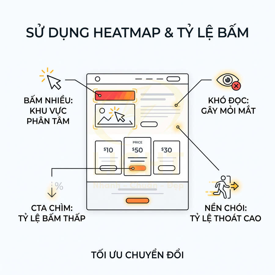 Minh họa giao diện web dùng heatmap phân tích tỷ lệ bấm để tối ưu CTA và chuyển đổi