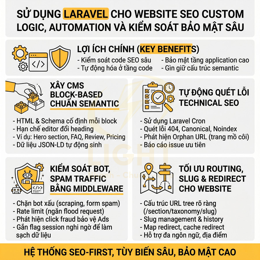 Infographic giới thiệu lợi ích dùng Laravel xây website SEO custom, automation và kiểm soát bảo mật sâu