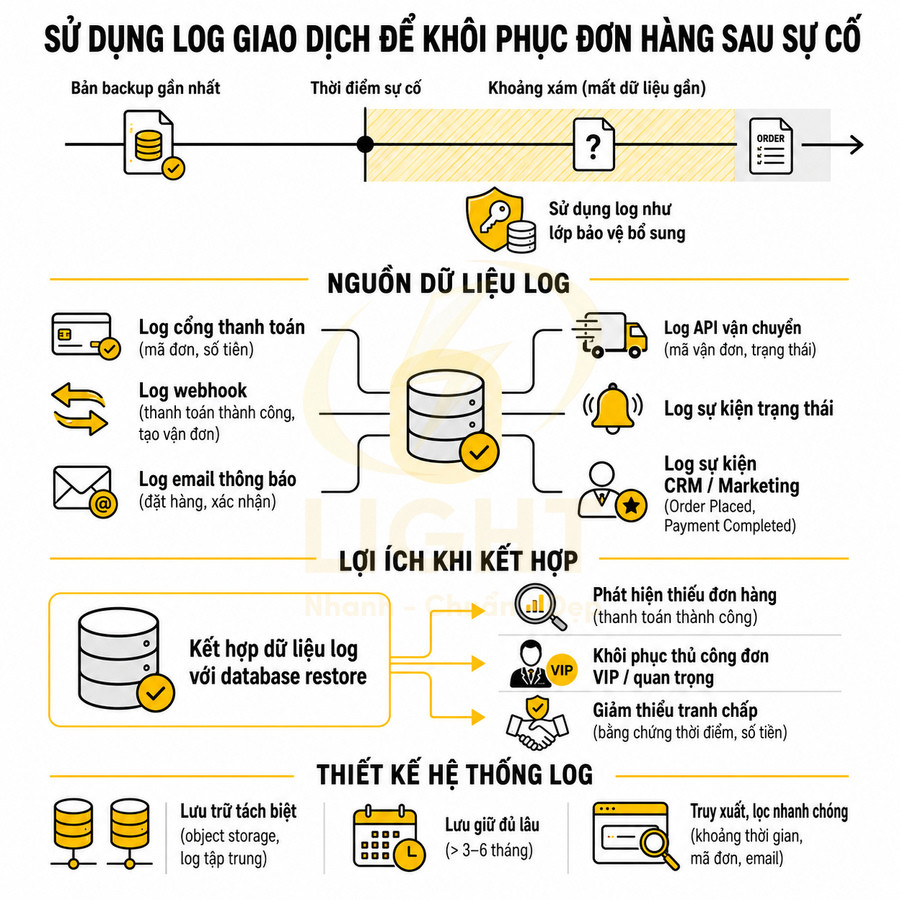 Infographic hướng dẫn sử dụng log giao dịch để khôi phục đơn hàng sau sự cố cho hệ thống thương mại điện tử