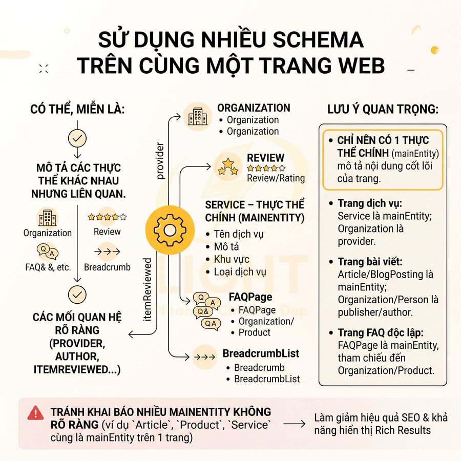 Hướng dẫn sử dụng nhiều schema trên cùng một trang web với mainEntity là dịch vụ và các schema liên quan