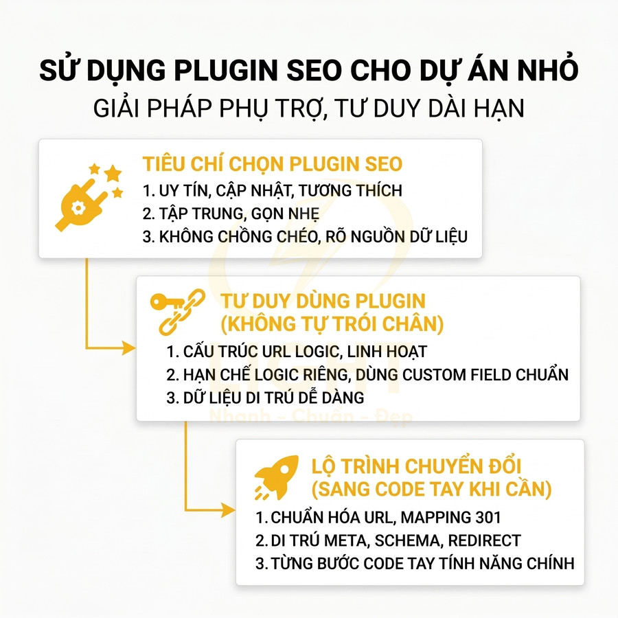 Hướng dẫn sử dụng plugin SEO cho dự án nhỏ với tiêu chí chọn, tư duy dùng và lộ trình chuyển sang code tay