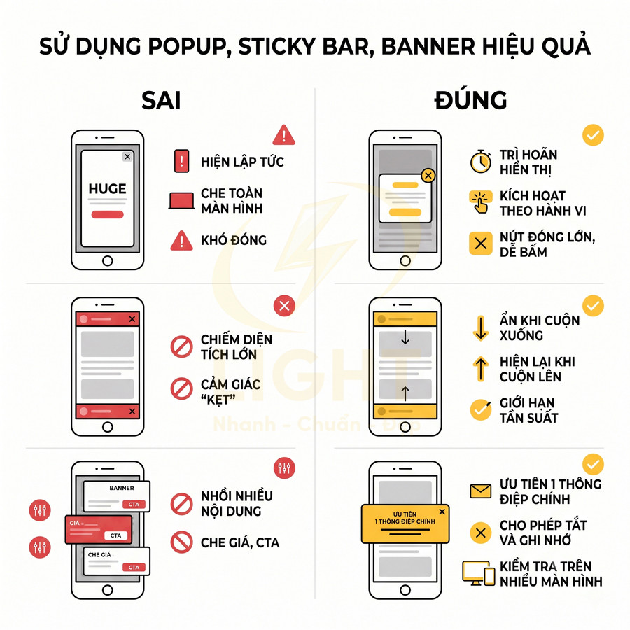 Hướng dẫn dùng popup, sticky bar, banner trên giao diện mobile với ví dụ sai và đúng để tối ưu trải nghiệm người dùng