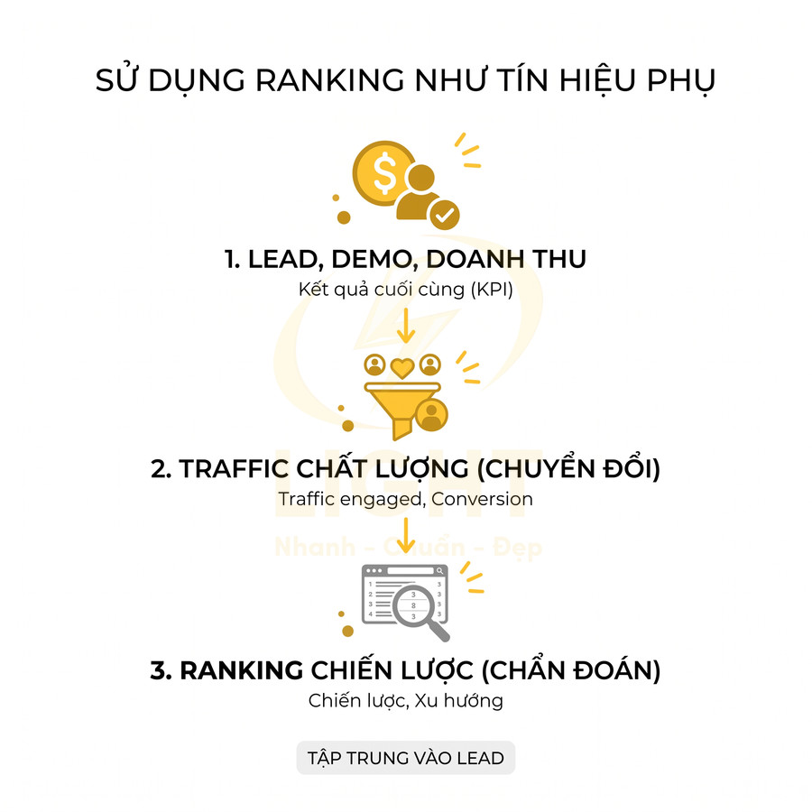 Mô hình sử dụng ranking như tín hiệu phụ trong SEO với các bước lead doanh thu traffic chất lượng và ranking chiến lược