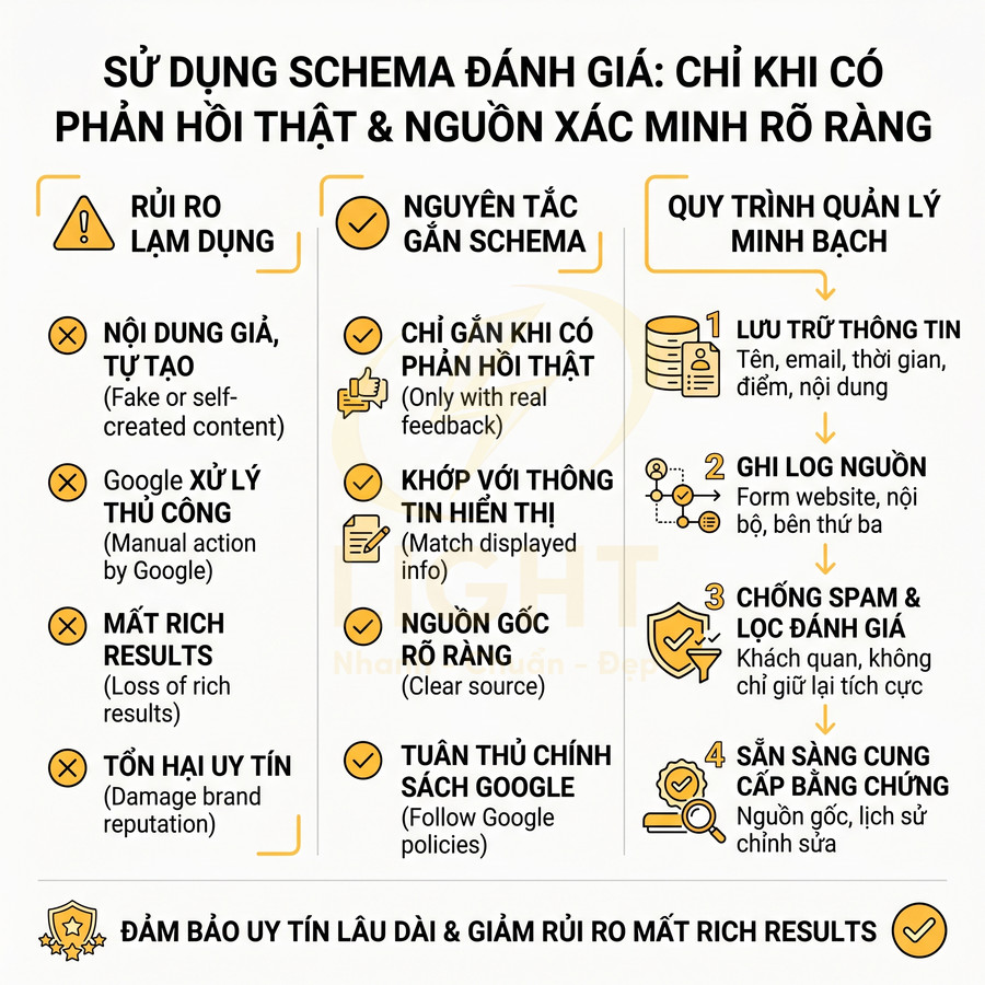 Hướng dẫn sử dụng schema đánh giá an toàn, nguyên tắc gắn schema và quy trình quản lý minh bạch để tránh mất rich results