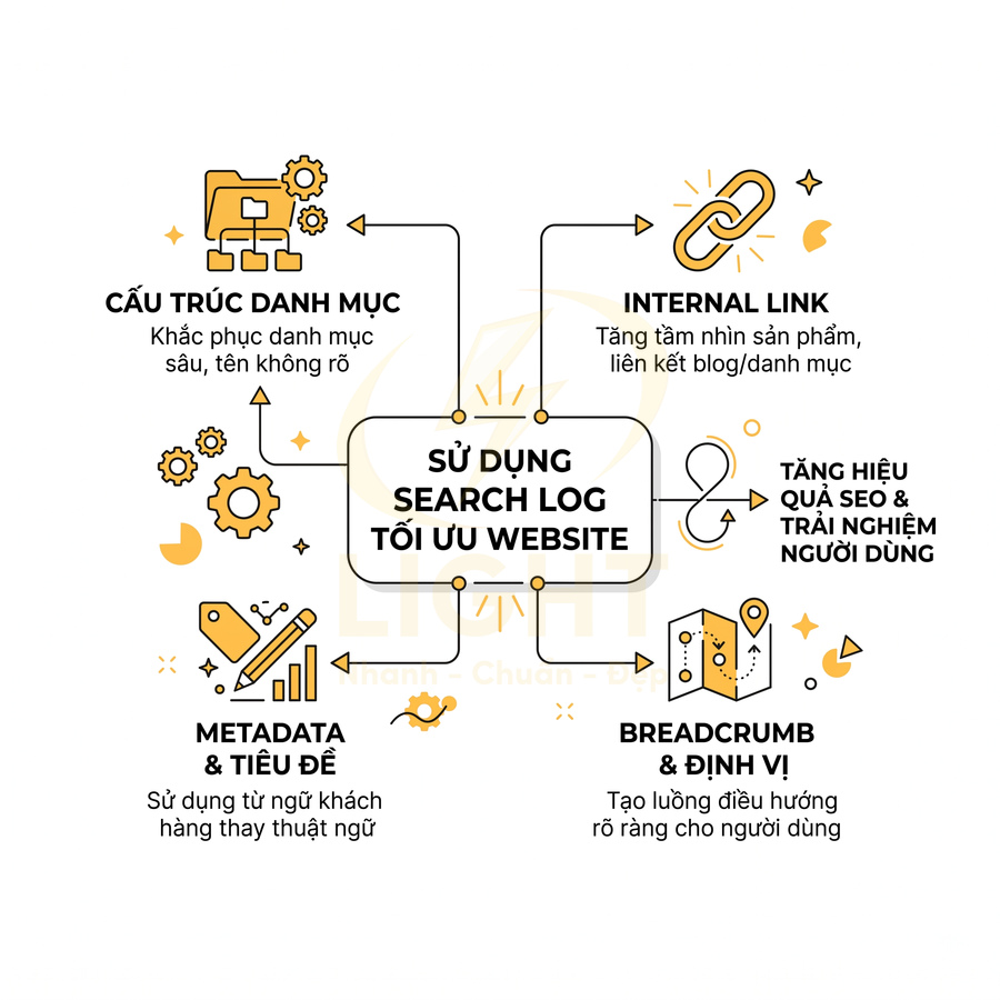 Sử dụng search log tối ưu website với cấu trúc danh mục, internal link, metadata, breadcrumb và trải nghiệm người dùng