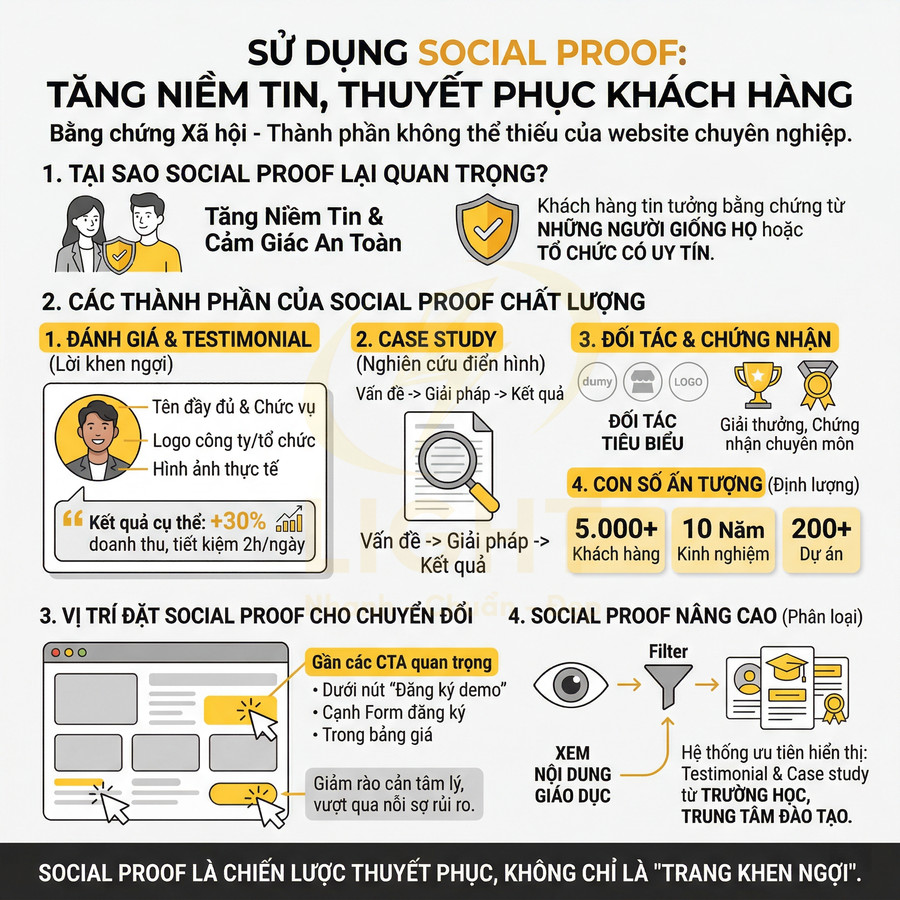 Infographic hướng dẫn sử dụng social proof để tăng niềm tin khách hàng và thúc đẩy chuyển đổi trong marketing