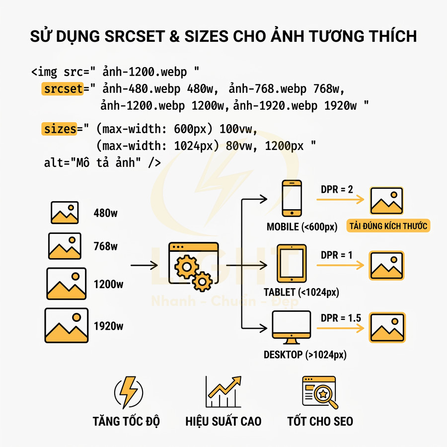 Hướng dẫn sử dụng srcset và sizes để tối ưu ảnh responsive cho mobile, tablet, desktop và cải thiện tốc độ, SEO