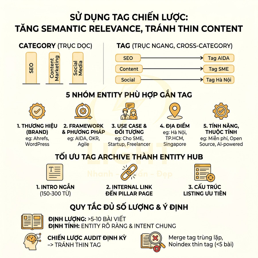 Hướng dẫn sử dụng tag chiến lược trong SEO để tăng semantic relevance và tránh thin content