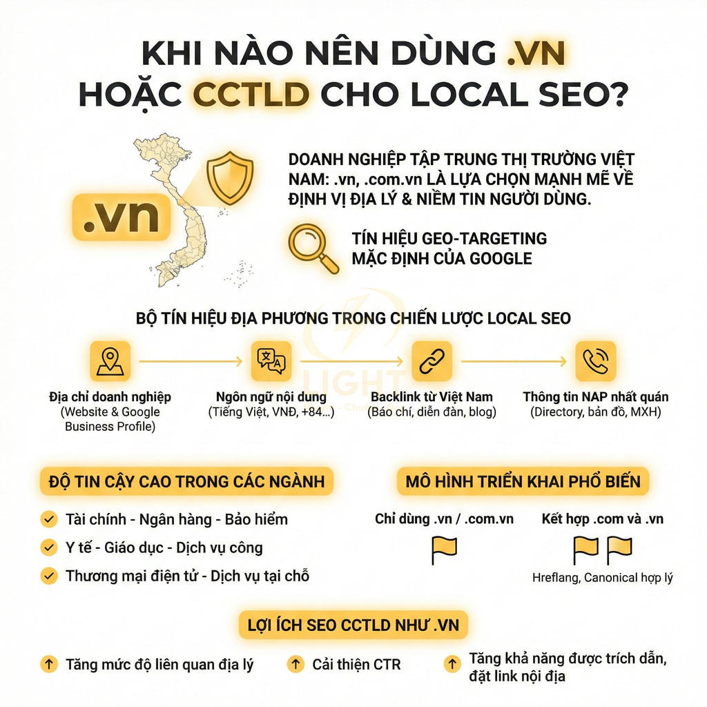Infographic hướng dẫn sử dụng tên miền .vn và CCTLD để tối ưu local SEO cho doanh nghiệp tại Việt Nam