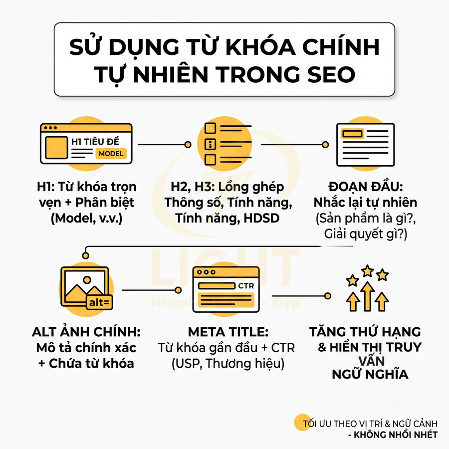 Hướng dẫn sử dụng từ khóa chính tự nhiên trong SEO với H1 H2 H3 alt ảnh meta title và đoạn mở đầu