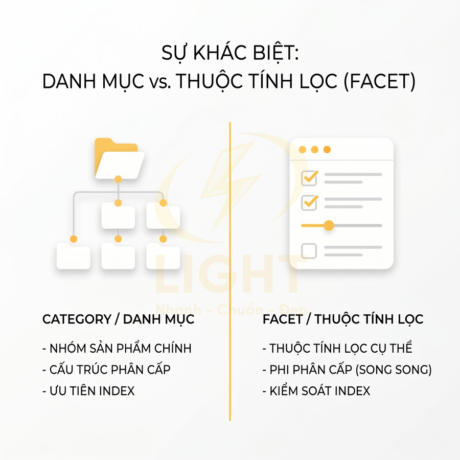 So sánh danh mục sản phẩm và thuộc tính lọc facet trong cấu trúc website và chiến lược SEO