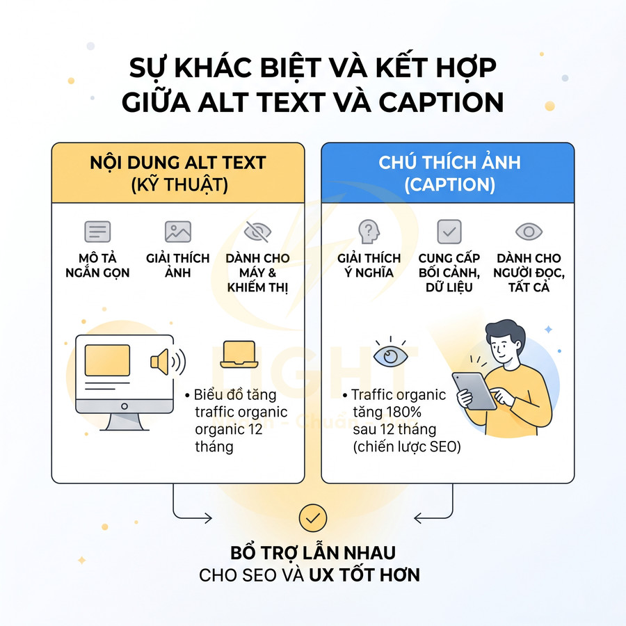 Infographic so sánh sự khác biệt và cách kết hợp giữa alt text và caption để cải thiện SEO và trải nghiệm người dùng