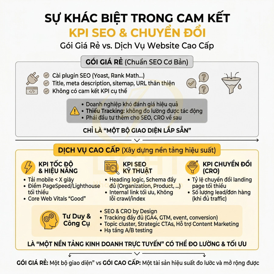 Infographic so sánh gói SEO giá rẻ và dịch vụ website cao cấp về KPI SEO, tốc độ, kỹ thuật và chuyển đổi CRO